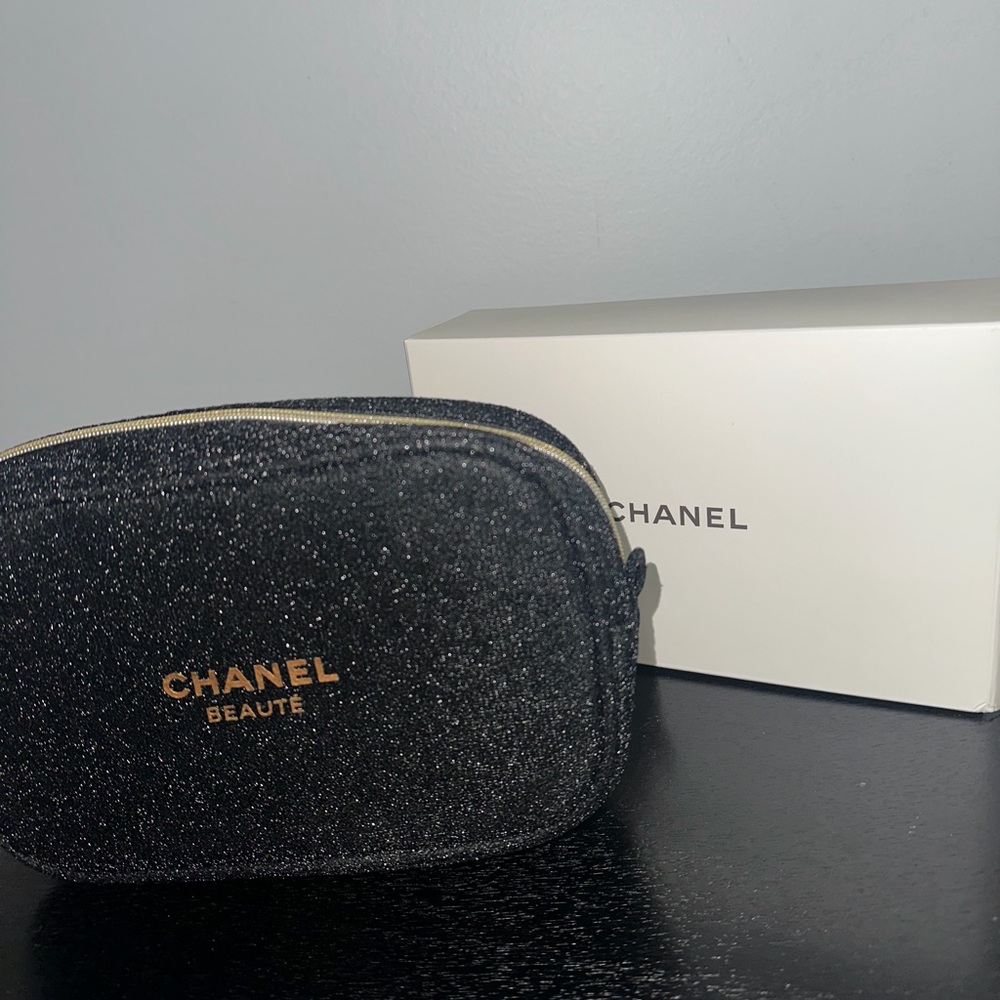 CHANEL Black Glitter Cosmetic Pouch with Gold Logo